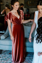 Julia |Floor Length V Neck Copper Velvet Bridesmaid Dress for Winter Weddings - Rust - PromDressClub